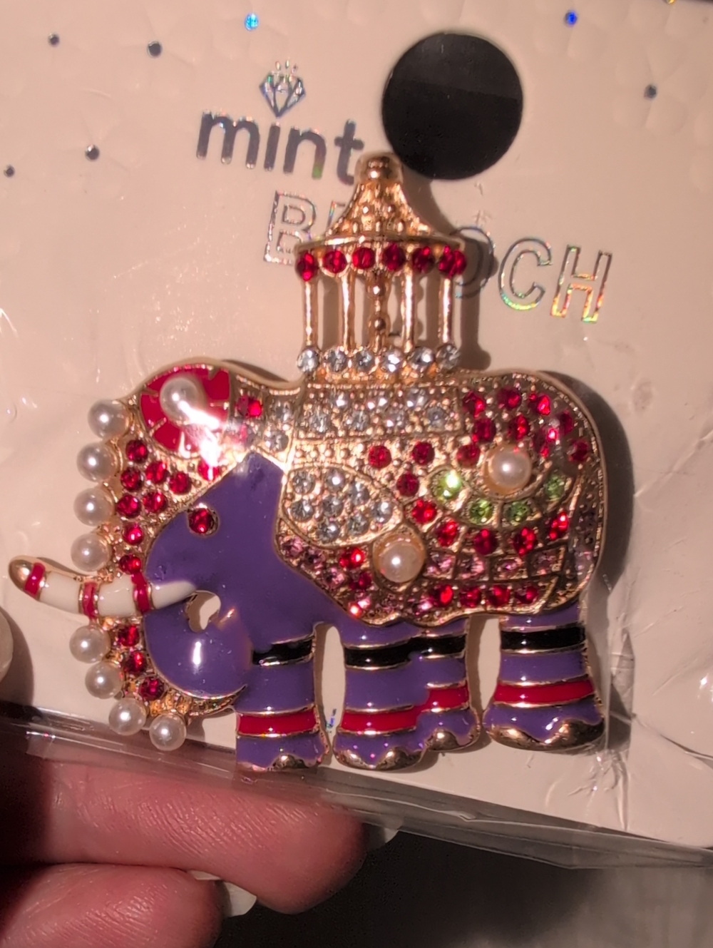 Mint Purple and Red Jeweled Elephant Brooch
